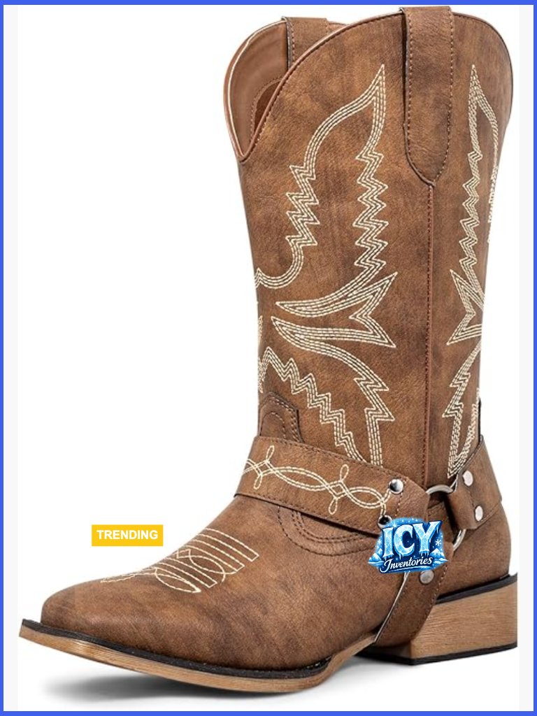 Extra Wide Calf Cowboy Boots - Square Toe Western Boots With Buckle Straps,